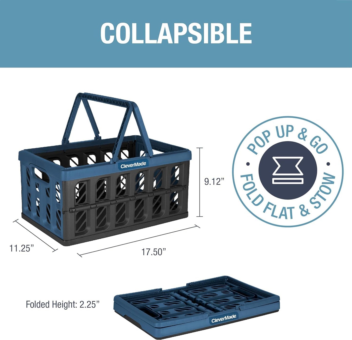 CleverMade Collapsible Shopping Basket, Charcoal, 3PK - 16L (4 Gal) Reusable Plastic Grocery Shopping Baskets, Holds 22lbs Per Basket - Small Foldable Storage Crates with Handles