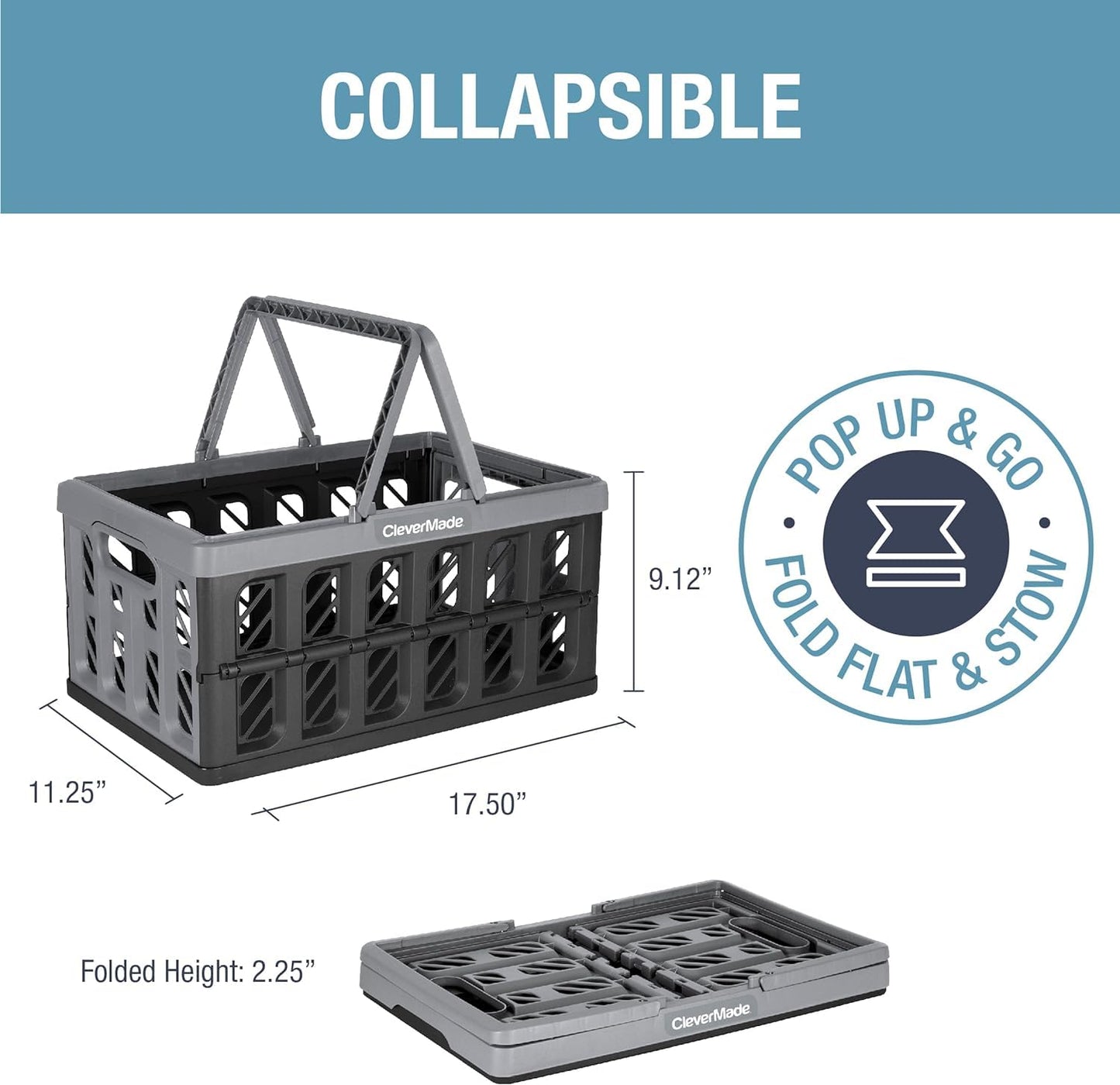 CleverMade Collapsible Shopping Basket, Charcoal, 3PK - 16L (4 Gal) Reusable Plastic Grocery Shopping Baskets, Holds 22lbs Per Basket - Small Foldable Storage Crates with Handles