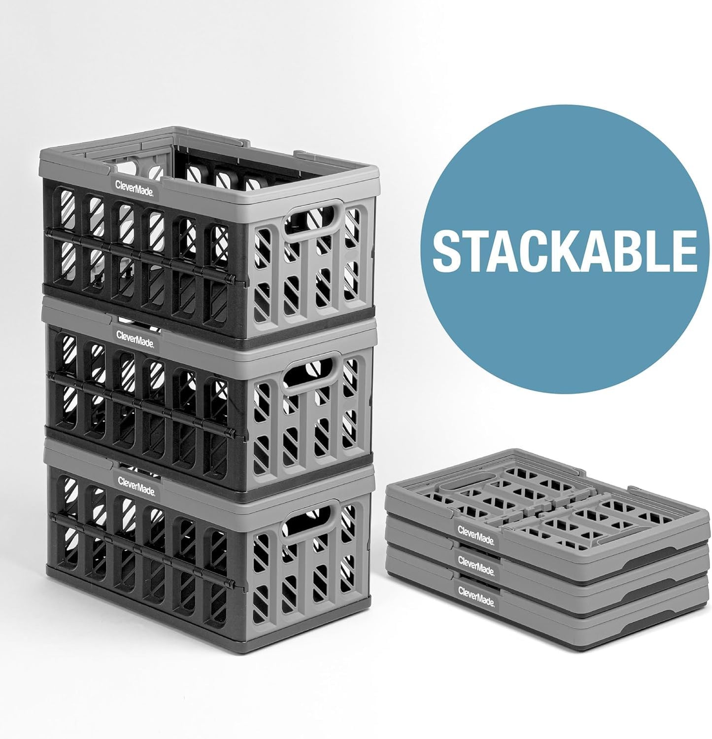 CleverMade Collapsible Shopping Basket, Charcoal, 3PK - 16L (4 Gal) Reusable Plastic Grocery Shopping Baskets, Holds 22lbs Per Basket - Small Foldable Storage Crates with Handles