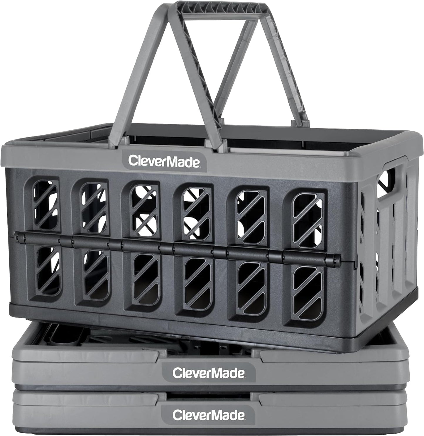 CleverMade Collapsible Shopping Basket, Charcoal, 3PK - 16L (4 Gal) Reusable Plastic Grocery Shopping Baskets, Holds 22lbs Per Basket - Small Foldable Storage Crates with Handles