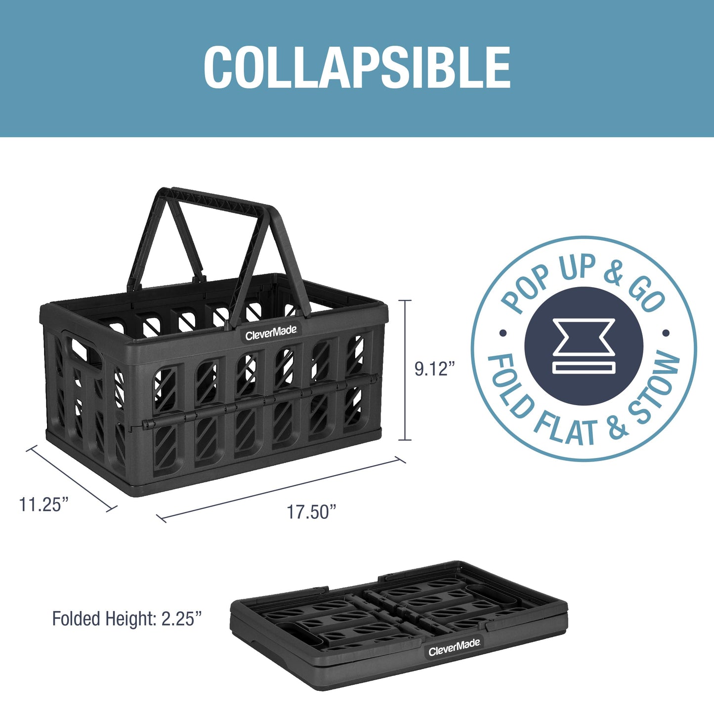 CleverMade Collapsible Shopping Basket, Charcoal, 3PK - 16L (4 Gal) Reusable Plastic Grocery Shopping Baskets, Holds 22lbs Per Basket - Small Foldable Storage Crates with Handles