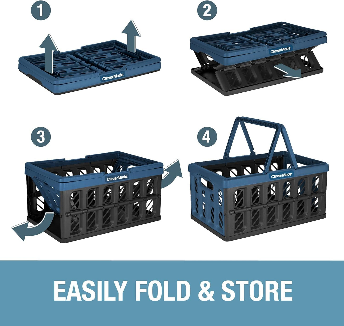 CleverMade Collapsible Shopping Basket, Charcoal, 3PK - 16L (4 Gal) Reusable Plastic Grocery Shopping Baskets, Holds 22lbs Per Basket - Small Foldable Storage Crates with Handles