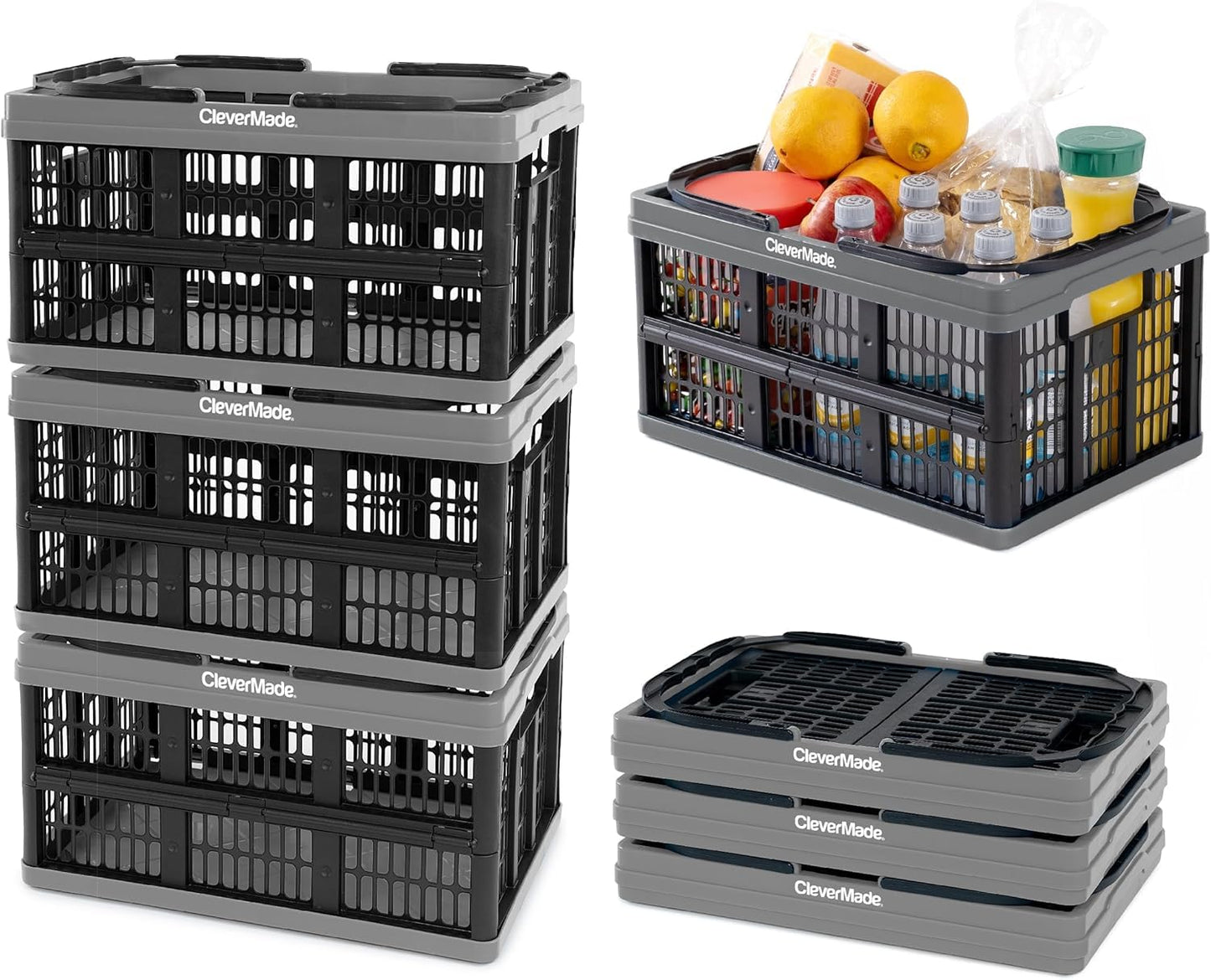 CleverMade Collapsible Shopping Basket, Charcoal, 3PK - 16L (4 Gal) Reusable Plastic Grocery Shopping Baskets, Holds 22lbs Per Basket - Small Foldable Storage Crates with Handles