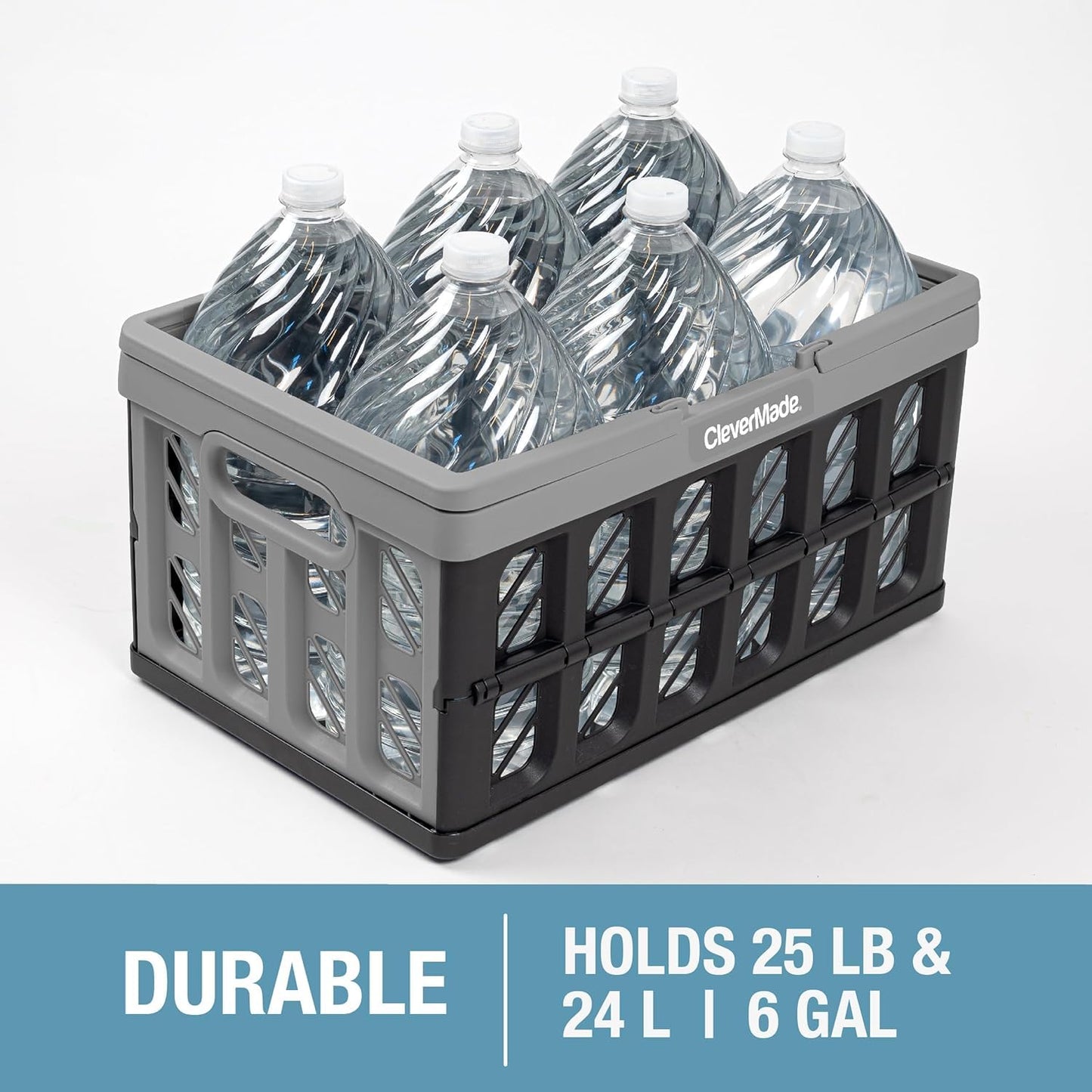 CleverMade Collapsible Shopping Basket, Charcoal, 3PK - 16L (4 Gal) Reusable Plastic Grocery Shopping Baskets, Holds 22lbs Per Basket - Small Foldable Storage Crates with Handles