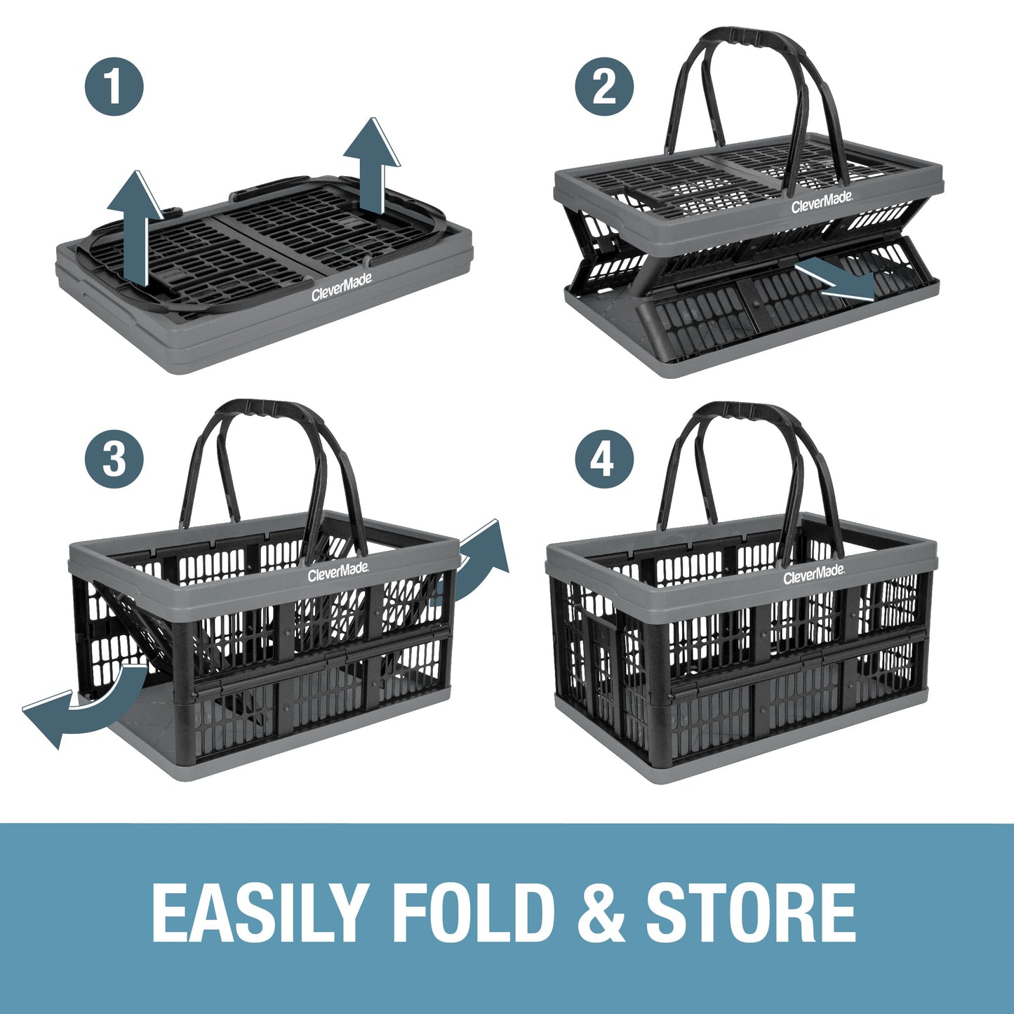 CleverMade Collapsible Shopping Basket, Charcoal, 3PK - 16L (4 Gal) Reusable Plastic Grocery Shopping Baskets, Holds 22lbs Per Basket - Small Foldable Storage Crates with Handles