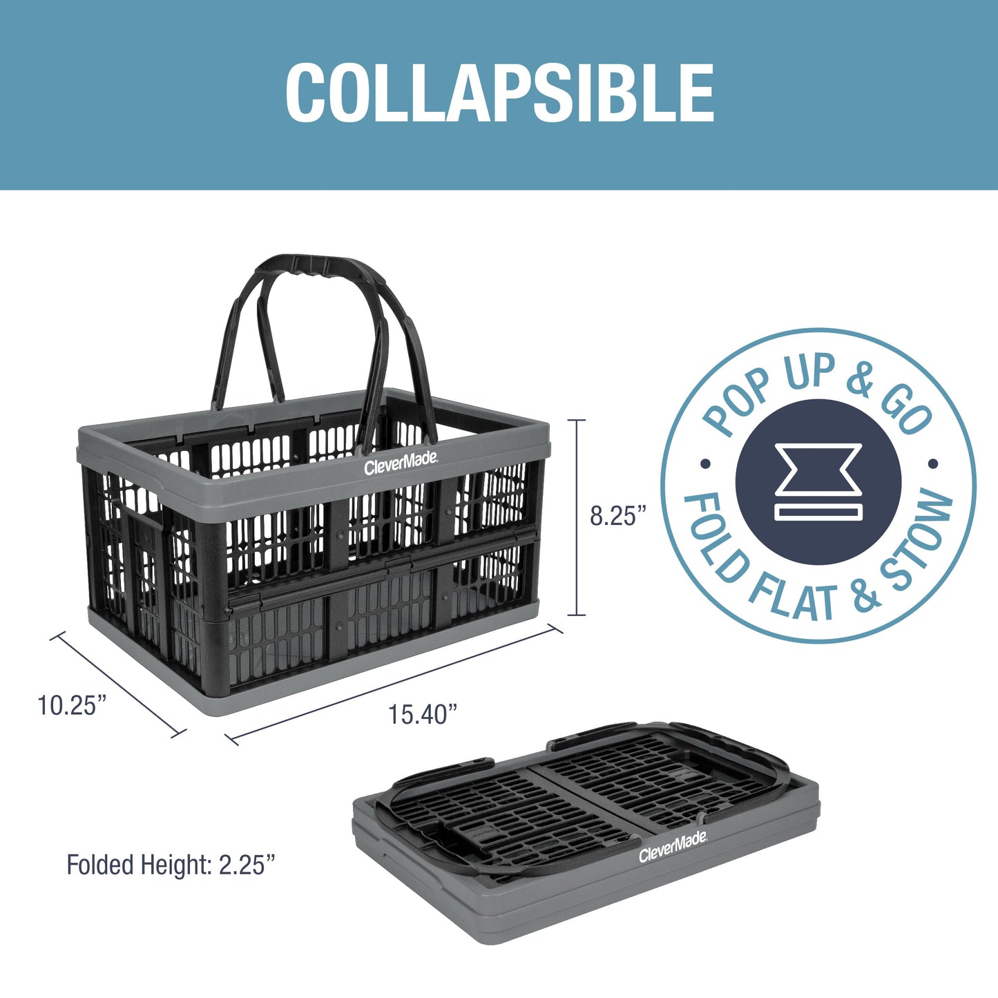 CleverMade Collapsible Shopping Basket, Charcoal, 3PK - 16L (4 Gal) Reusable Plastic Grocery Shopping Baskets, Holds 22lbs Per Basket - Small Foldable Storage Crates with Handles