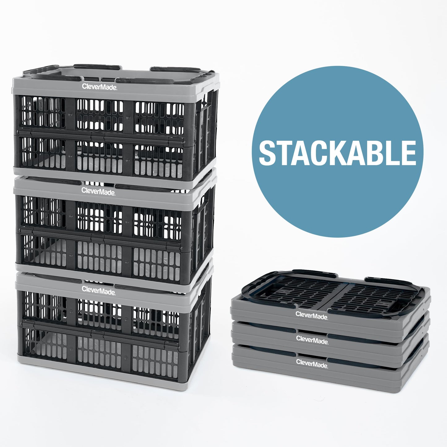 CleverMade Collapsible Shopping Basket, Charcoal, 3PK - 16L (4 Gal) Reusable Plastic Grocery Shopping Baskets, Holds 22lbs Per Basket - Small Foldable Storage Crates with Handles