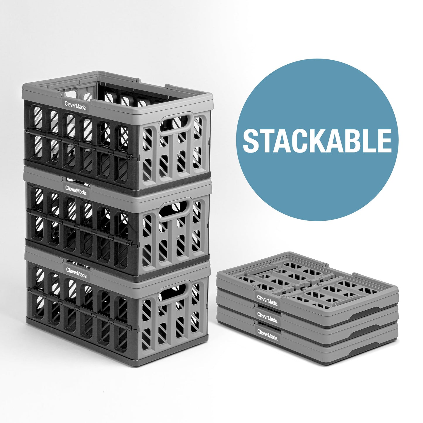 CleverMade Collapsible Shopping Basket, Charcoal, 3PK - 16L (4 Gal) Reusable Plastic Grocery Shopping Baskets, Holds 22lbs Per Basket - Small Foldable Storage Crates with Handles