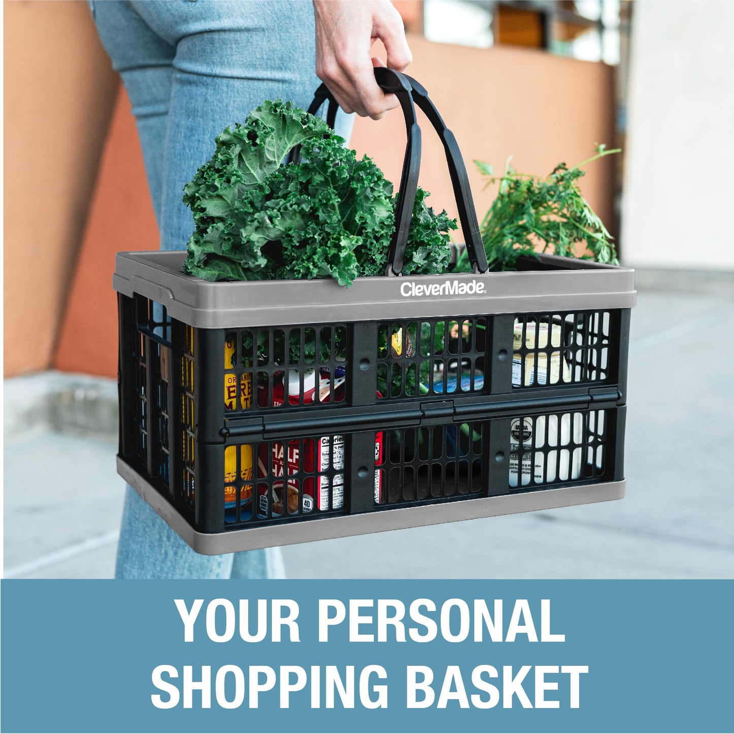 CleverMade Collapsible Shopping Basket, Charcoal, 3PK - 16L (4 Gal) Reusable Plastic Grocery Shopping Baskets, Holds 22lbs Per Basket - Small Foldable Storage Crates with Handles