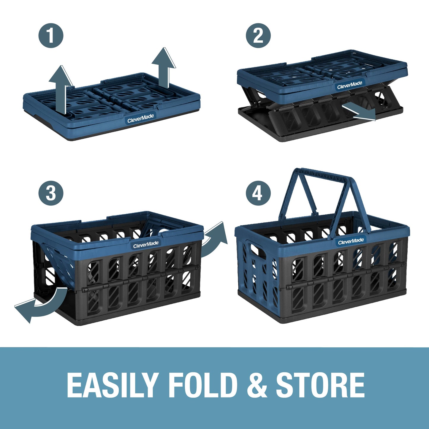 CleverMade Collapsible Shopping Basket, Charcoal, 3PK - 16L (4 Gal) Reusable Plastic Grocery Shopping Baskets, Holds 22lbs Per Basket - Small Foldable Storage Crates with Handles