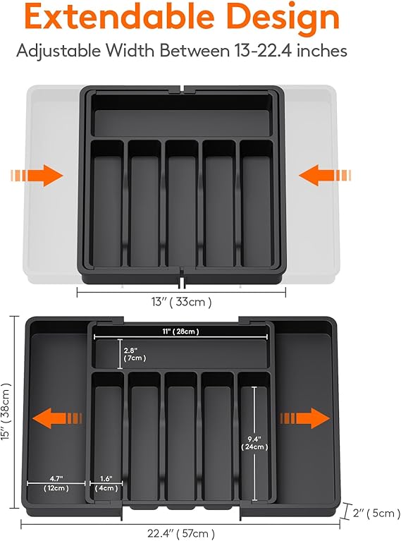 Expandable Silverware Drawer Organizer - BPA-Free Cutlery Tray, Large Size (Black)