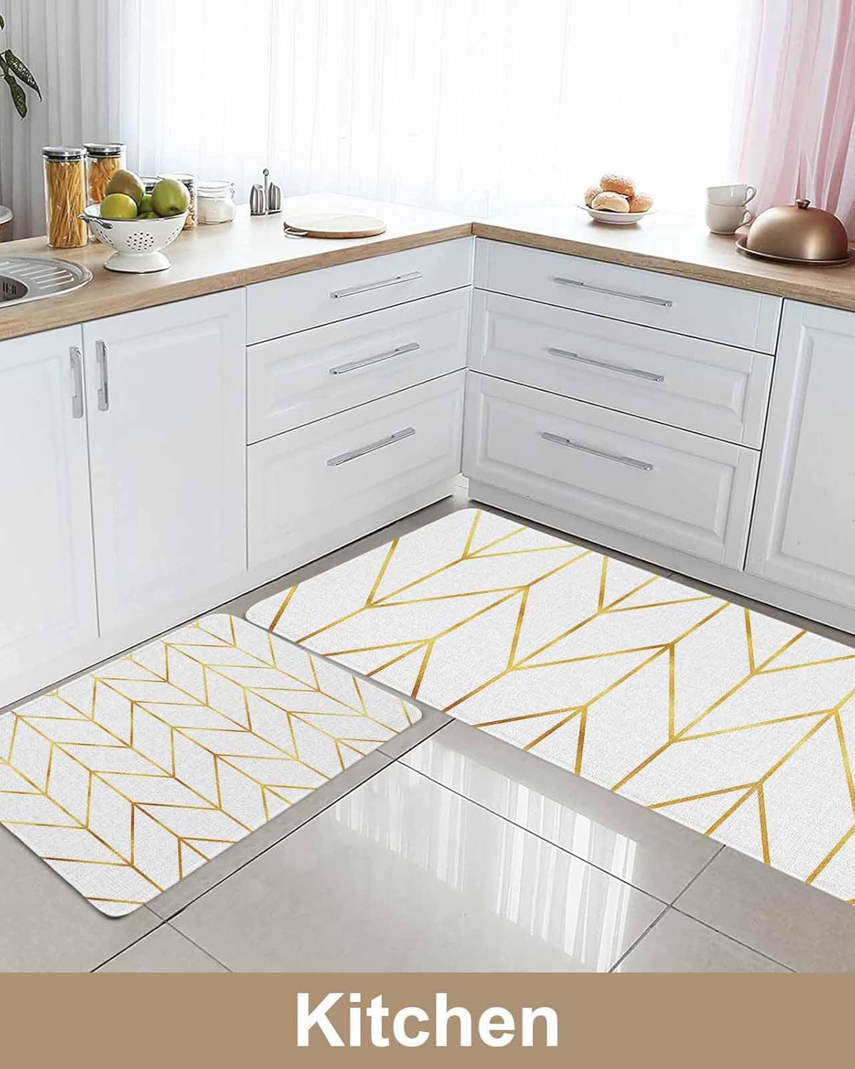 Cushioned Anti-Fatigue Kitchen Mats - Geometric Golden Stripes (Set of 2)