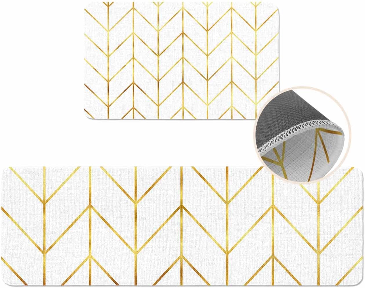 Cushioned Anti-Fatigue Kitchen Mats - Geometric Golden Stripes (Set of 2)