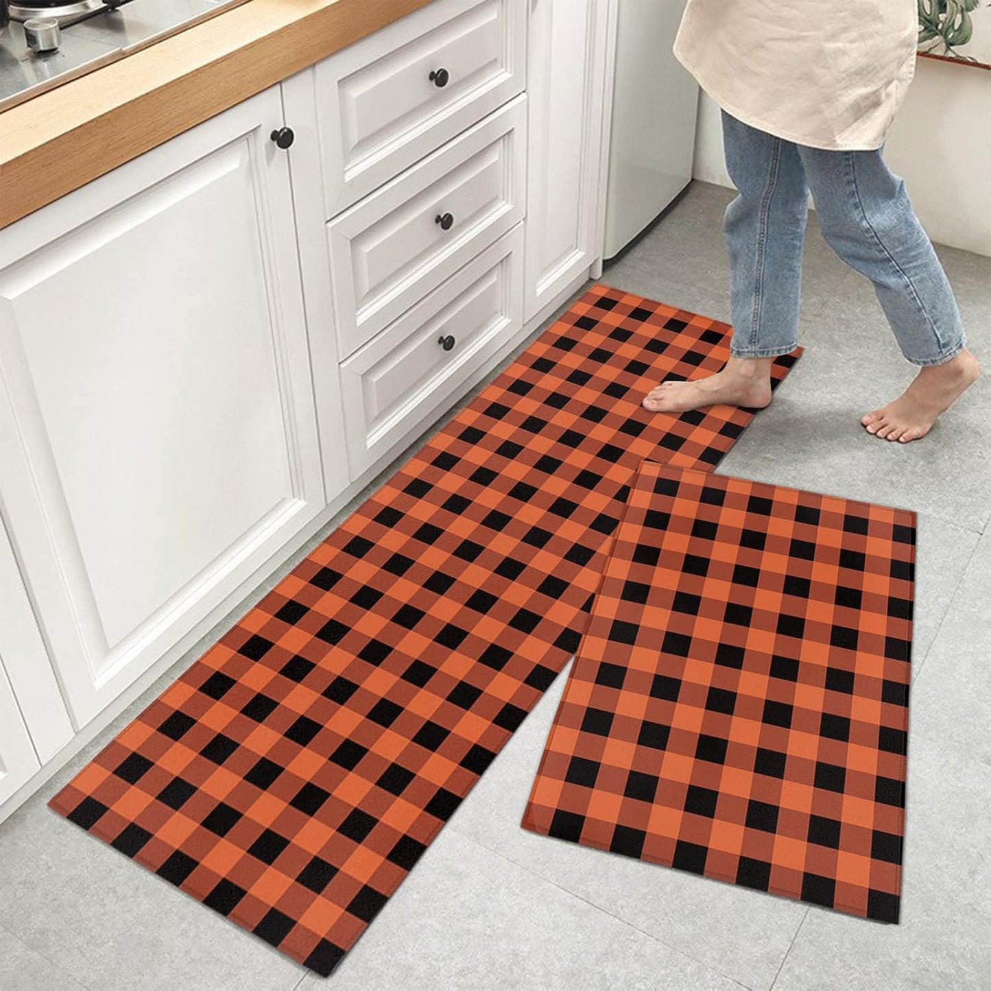 Cushioned Anti-Fatigue Kitchen Mats - Orange & Black Checkered (Set of 2)