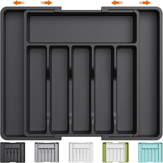 Expandable Silverware Drawer Organizer - BPA-Free Cutlery Tray, Large Size (Black)