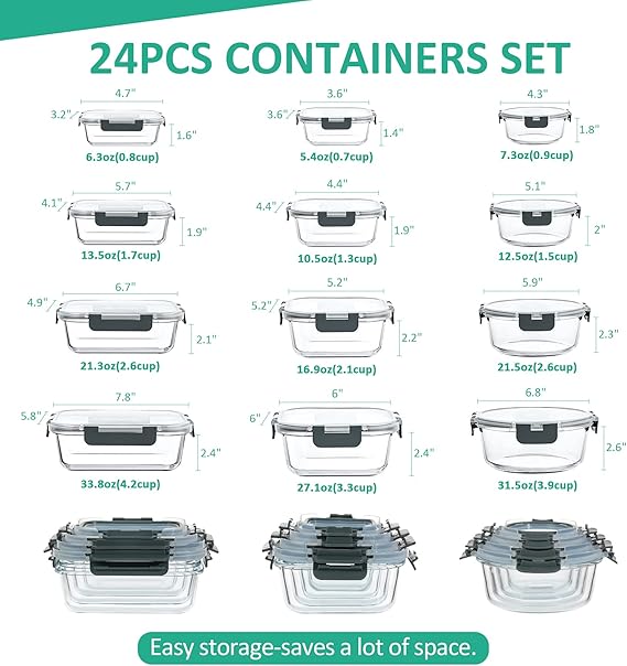 24-Piece Glass Food Storage Containers Set - Airtight and Stackable Meal Prep Containers