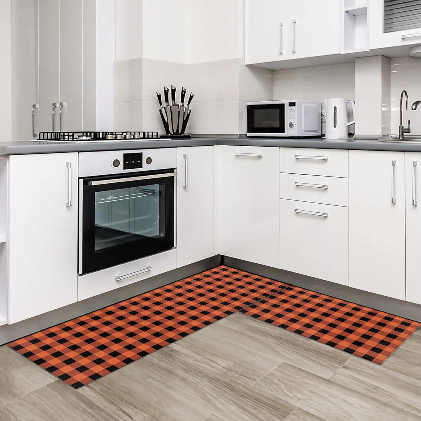 Cushioned Anti-Fatigue Kitchen Mats - Orange & Black Checkered (Set of 2)