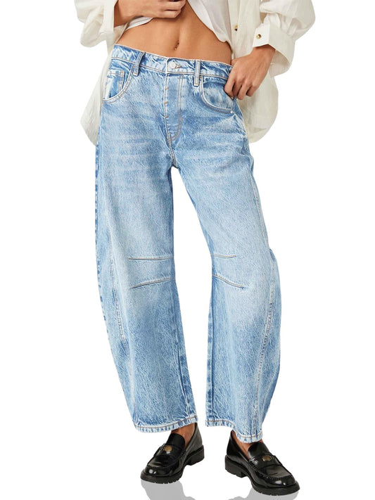 PLNOTME Women's Baggy Boyfriend Jeans Vintage Wide Leg Mid Rise Barrel Denim Ankle Pants