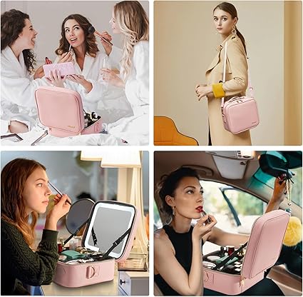 Travel Makeup Bag with Lighted Mirror - Portable Organizer with Adjustable Dividers (Pink)