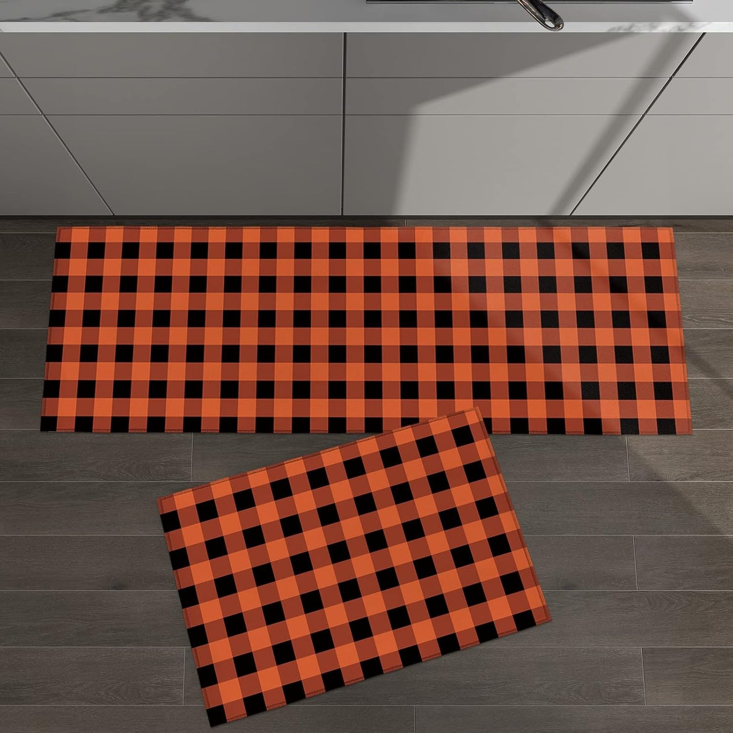 Cushioned Anti-Fatigue Kitchen Mats - Orange & Black Checkered (Set of 2)