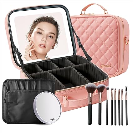 Travel Makeup Bag with Lighted Mirror - Portable Organizer with Adjustable Dividers (Pink)