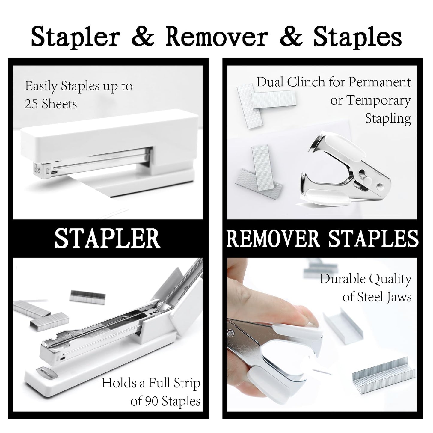 White Office Supplies, UPIHO White Desk Accessories, Stapler and Tape Dispenser Set for Women with Stapler,Tape Dispenser, Staple Remover, Staples,Scissor and Tabs for Students Office Clerks