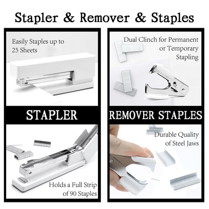 White Office Supplies, UPIHO White Desk Accessories, Stapler and Tape Dispenser Set for Women with Stapler,Tape Dispenser, Staple Remover, Staples,Scissor and Tabs for Students Office Clerks