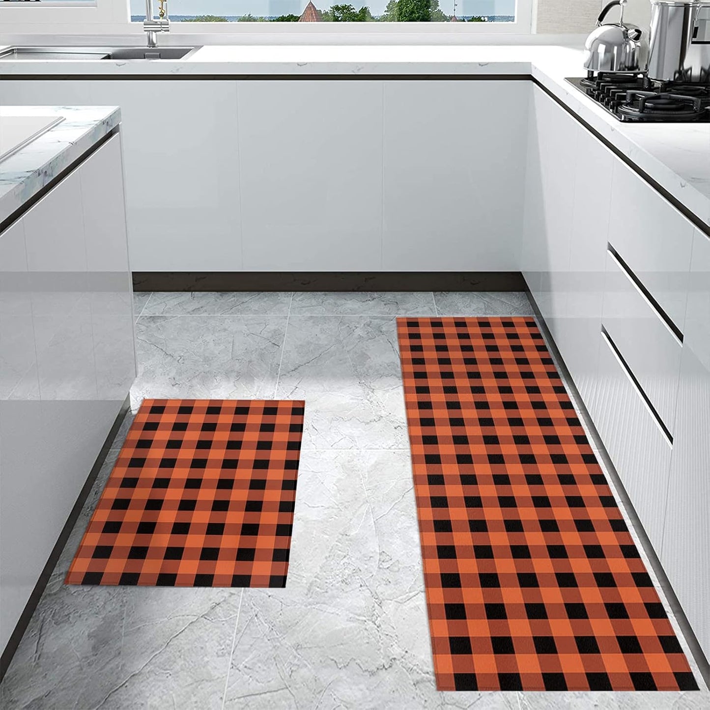 Cushioned Anti-Fatigue Kitchen Mats - Orange & Black Checkered (Set of 2)