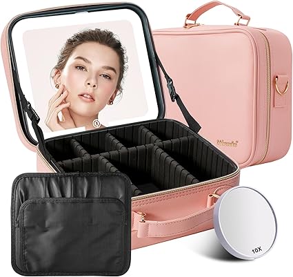 Travel Makeup Bag with Lighted Mirror - Portable Organizer with Adjustable Dividers (Pink)