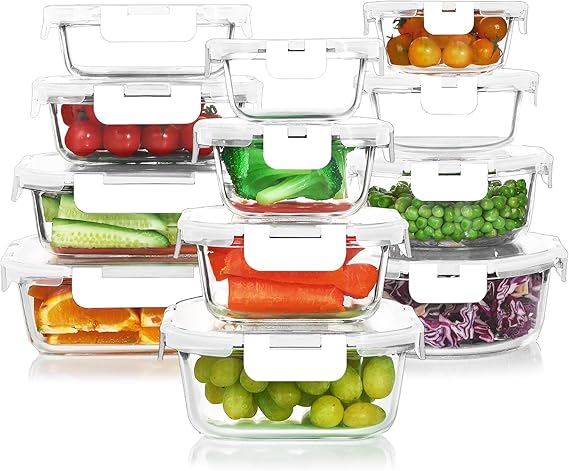 24-Piece Glass Food Storage Containers Set - Airtight and Stackable Meal Prep Containers