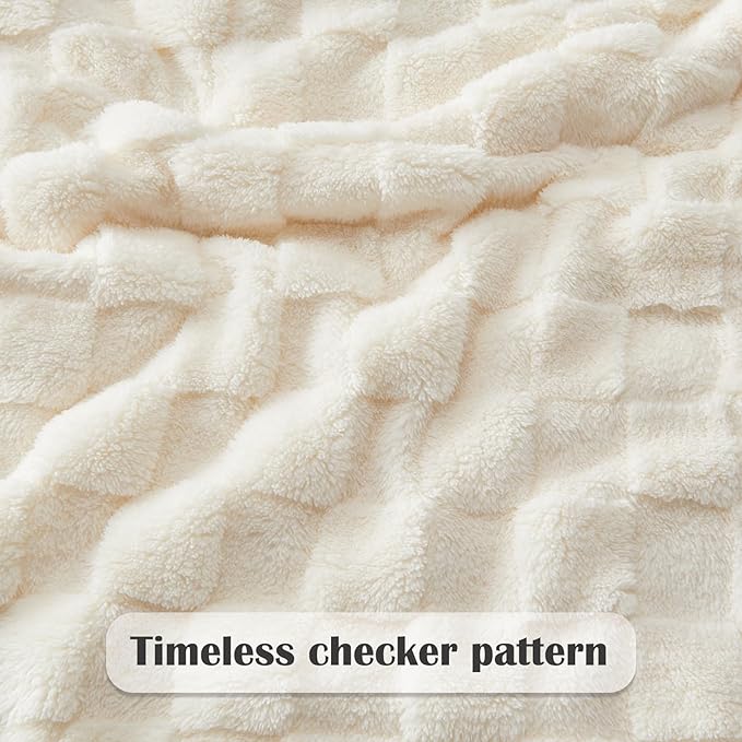 Super Soft Flannel Throw Blanket - Lightweight Checkered Ivory Fleece (50"x70")