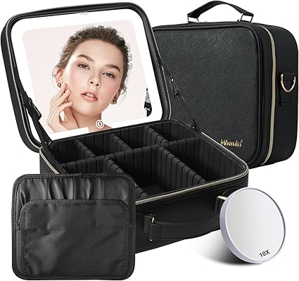 Travel Makeup Bag with Lighted Mirror - Portable Organizer with Adjustable Dividers (Pink)