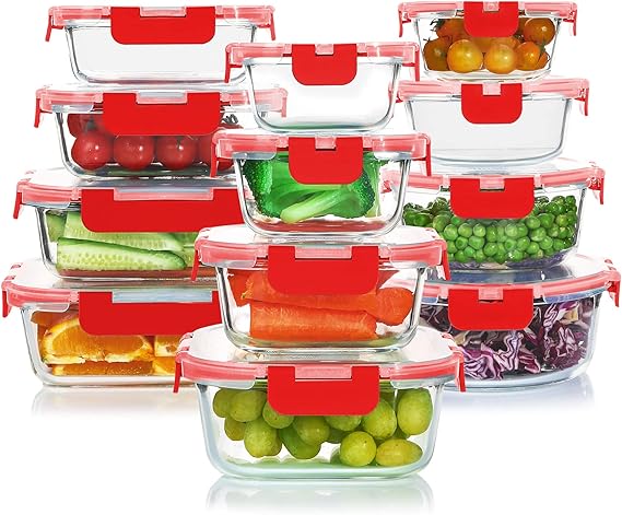 24-Piece Glass Food Storage Containers Set - Airtight and Stackable Meal Prep Containers