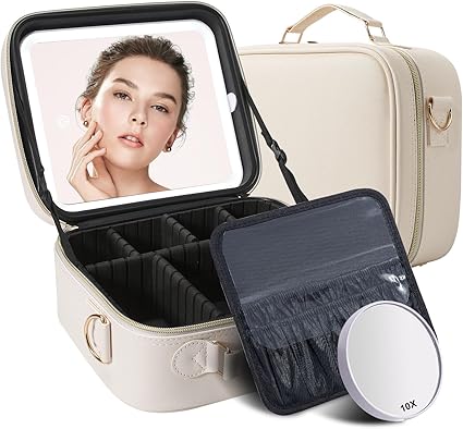 Travel Makeup Bag with Lighted Mirror - Portable Organizer with Adjustable Dividers (Pink)