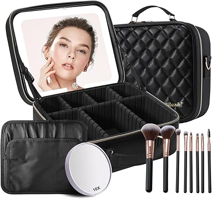 Travel Makeup Bag with Lighted Mirror - Portable Organizer with Adjustable Dividers (Pink)