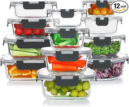 24-Piece Glass Food Storage Containers Set - Airtight and Stackable Meal Prep Containers
