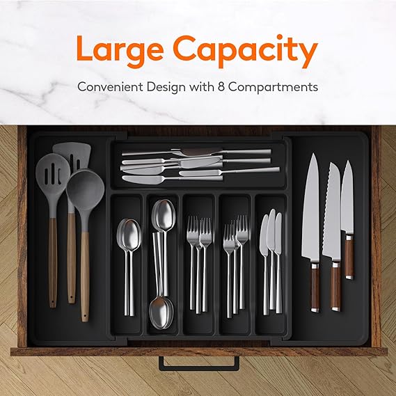 Expandable Silverware Drawer Organizer - BPA-Free Cutlery Tray, Large Size (Black)