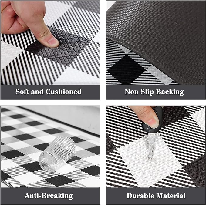 Cushioned Anti-Fatigue Kitchen Mats - White & Black Checkered (Set of 2)