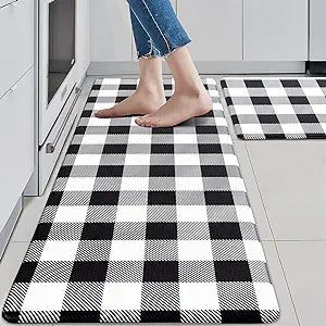 Cushioned Anti-Fatigue Kitchen Mats - White & Black Checkered (Set of 2)