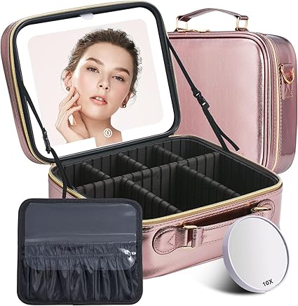 Travel Makeup Bag with Lighted Mirror - Portable Organizer with Adjustable Dividers (Pink)