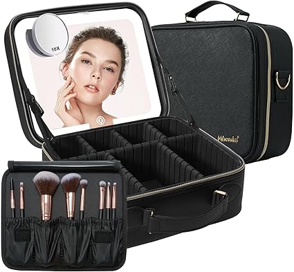 Travel Makeup Bag with Lighted Mirror - Portable Organizer with Adjustable Dividers (Pink)