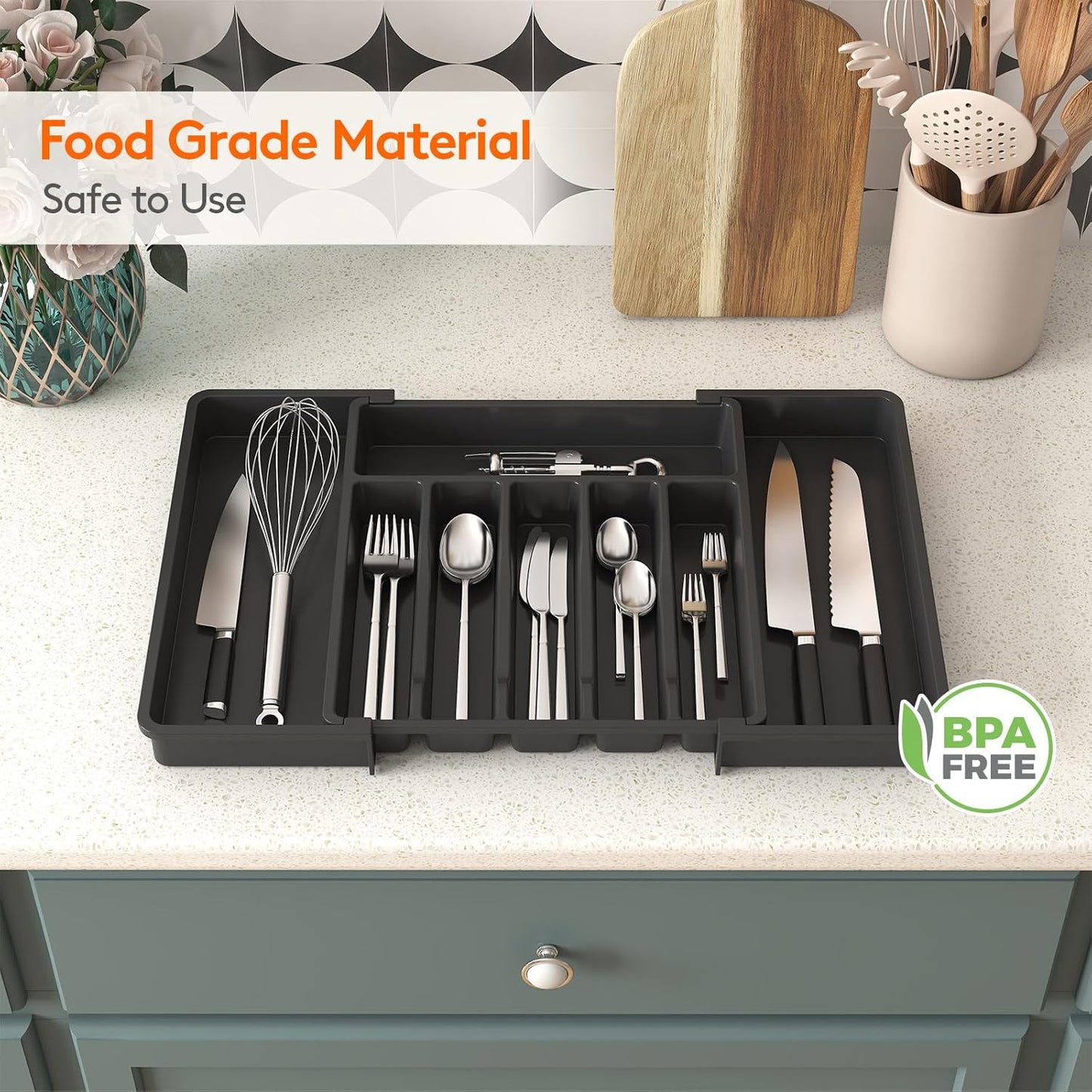 Expandable Silverware Drawer Organizer - BPA-Free Cutlery Tray, Large Size (Black)