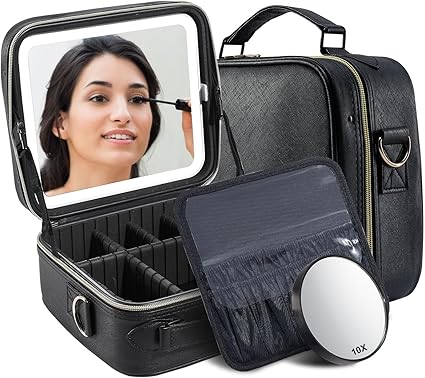 Travel Makeup Bag with Lighted Mirror - Portable Organizer with Adjustable Dividers (Pink)