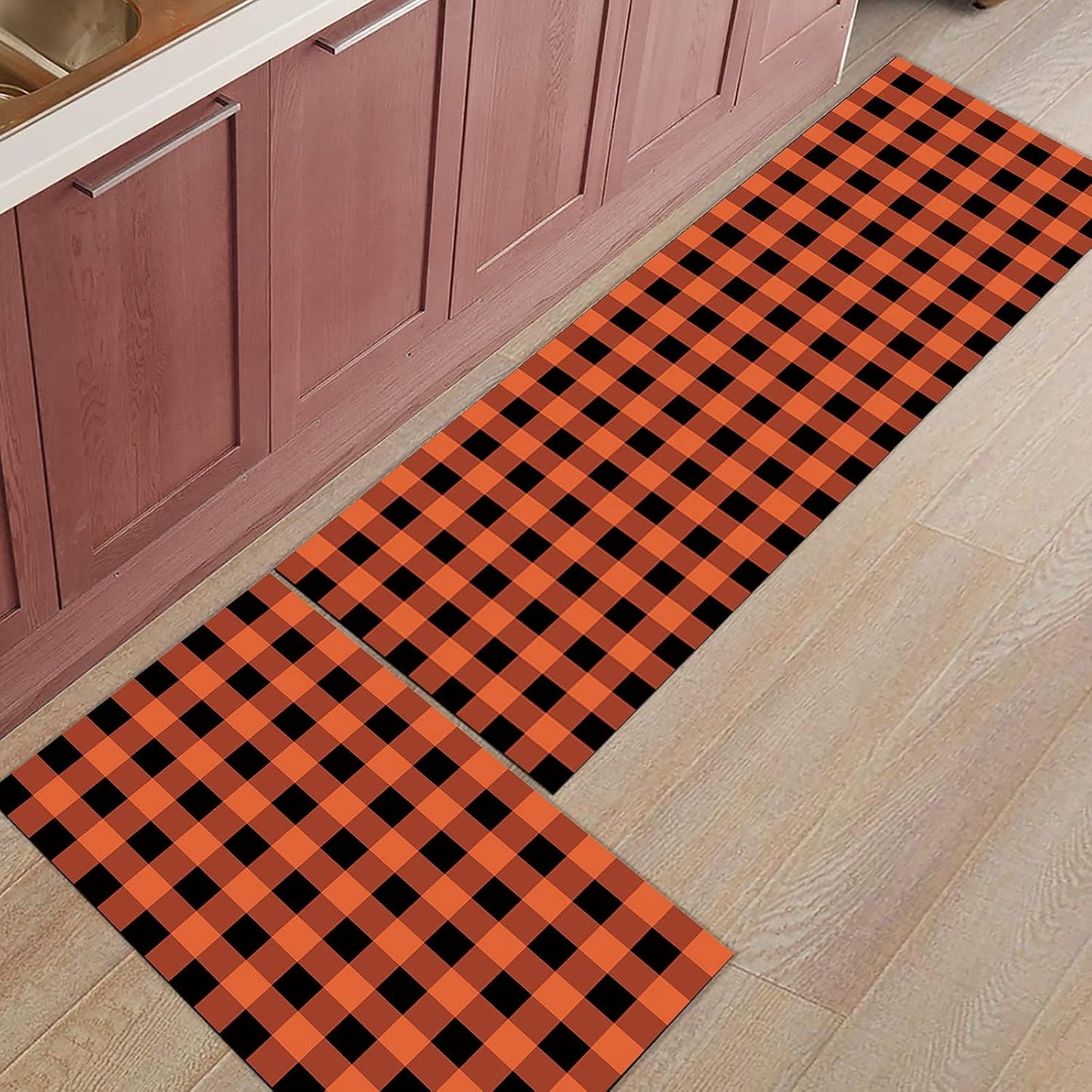 Cushioned Anti-Fatigue Kitchen Mats - Orange & Black Checkered (Set of 2)