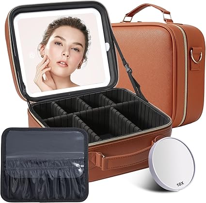 Travel Makeup Bag with Lighted Mirror - Portable Organizer with Adjustable Dividers (Pink)