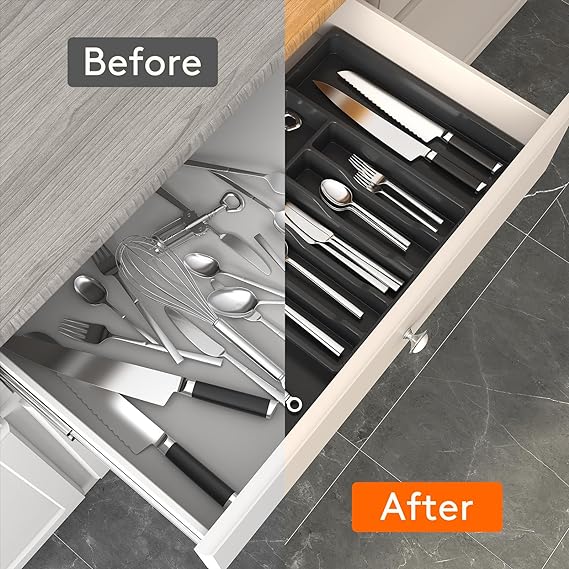 Expandable Silverware Drawer Organizer - BPA-Free Cutlery Tray, Large Size (Black)