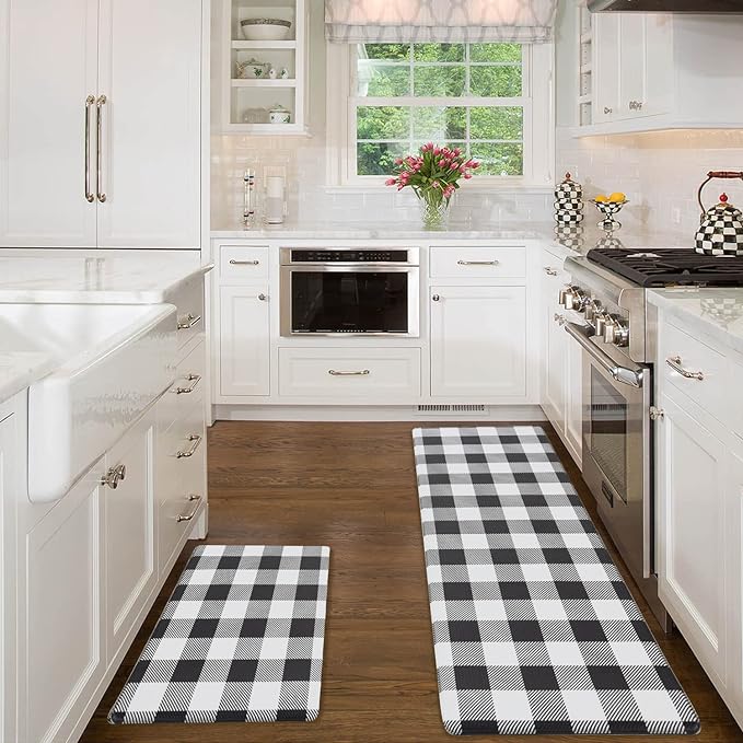 Cushioned Anti-Fatigue Kitchen Mats - White & Black Checkered (Set of 2)