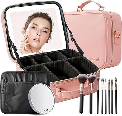 Travel Makeup Bag with Lighted Mirror - Portable Organizer with Adjustable Dividers (Pink)