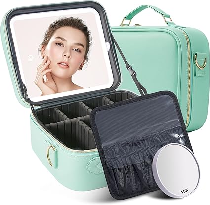 Travel Makeup Bag with Lighted Mirror - Portable Organizer with Adjustable Dividers (Pink)