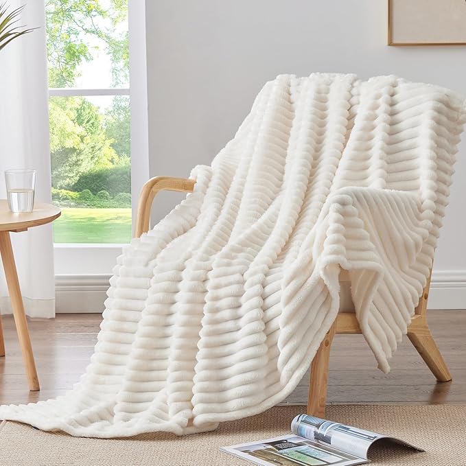 Soft Fleece Throw Blanket for Couch - Cream White 50"x60", Fluffy and Decorative